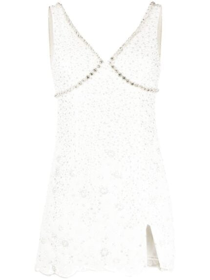 SELF PORTRAIT White Beaded V-neck Mini Dress