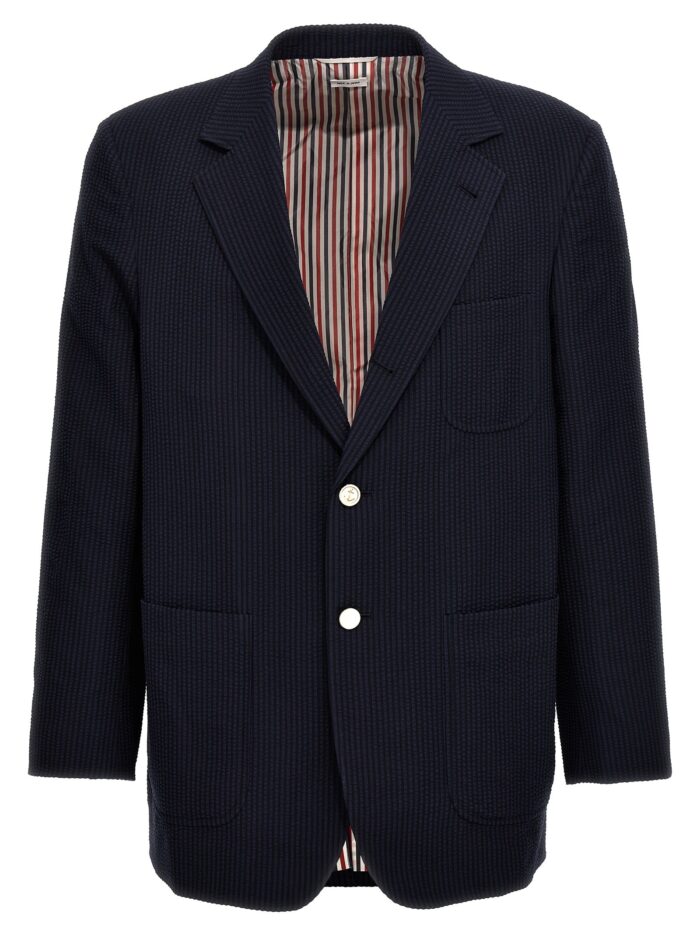 thom browne single breasted seersucker blazer THOM BROWNE Single-breasted Seersucker Blazer