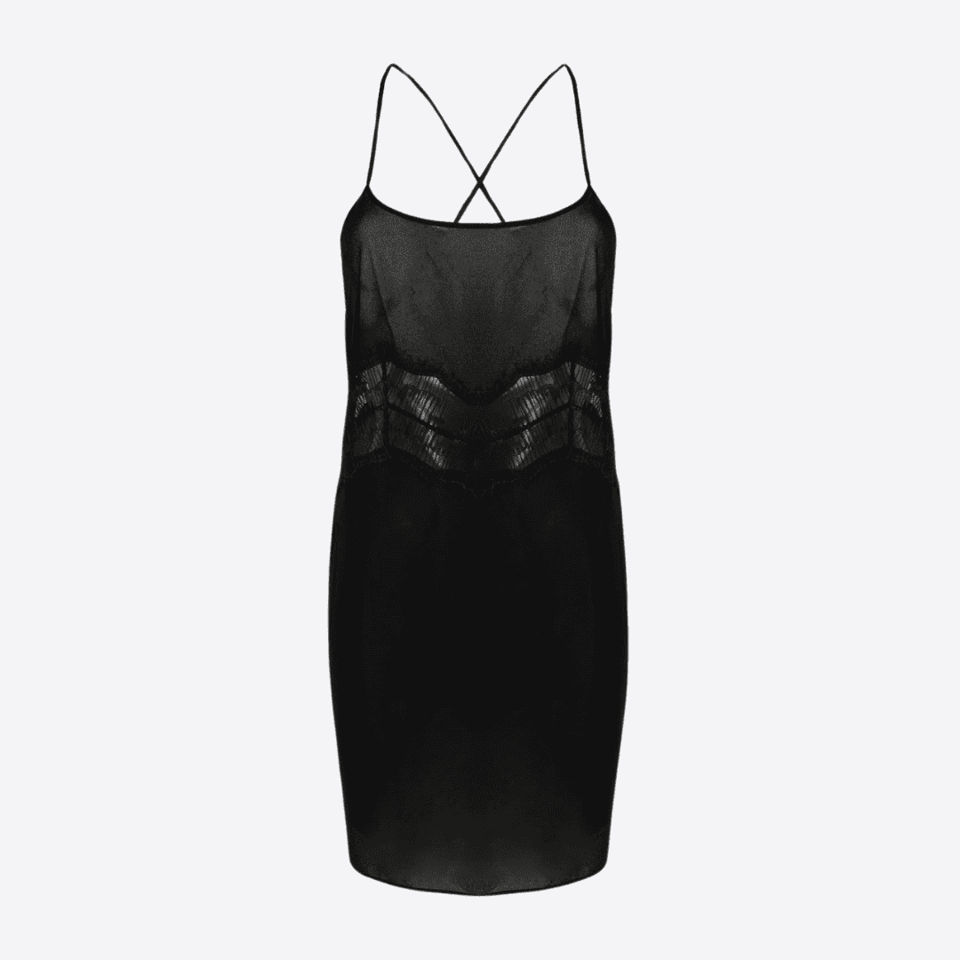 Black sheer women’s slip lingerie with delicate straps and lace detailing.