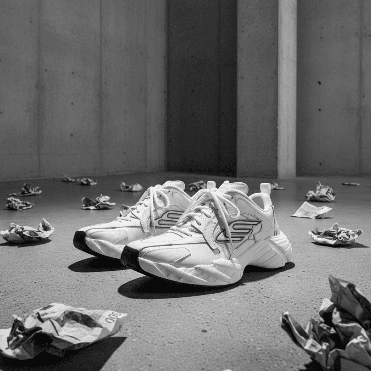 White designer sneakers displayed in a minimalist concrete setting — highlighting FW25 luxury sneakers collection at THE WISHLINE.