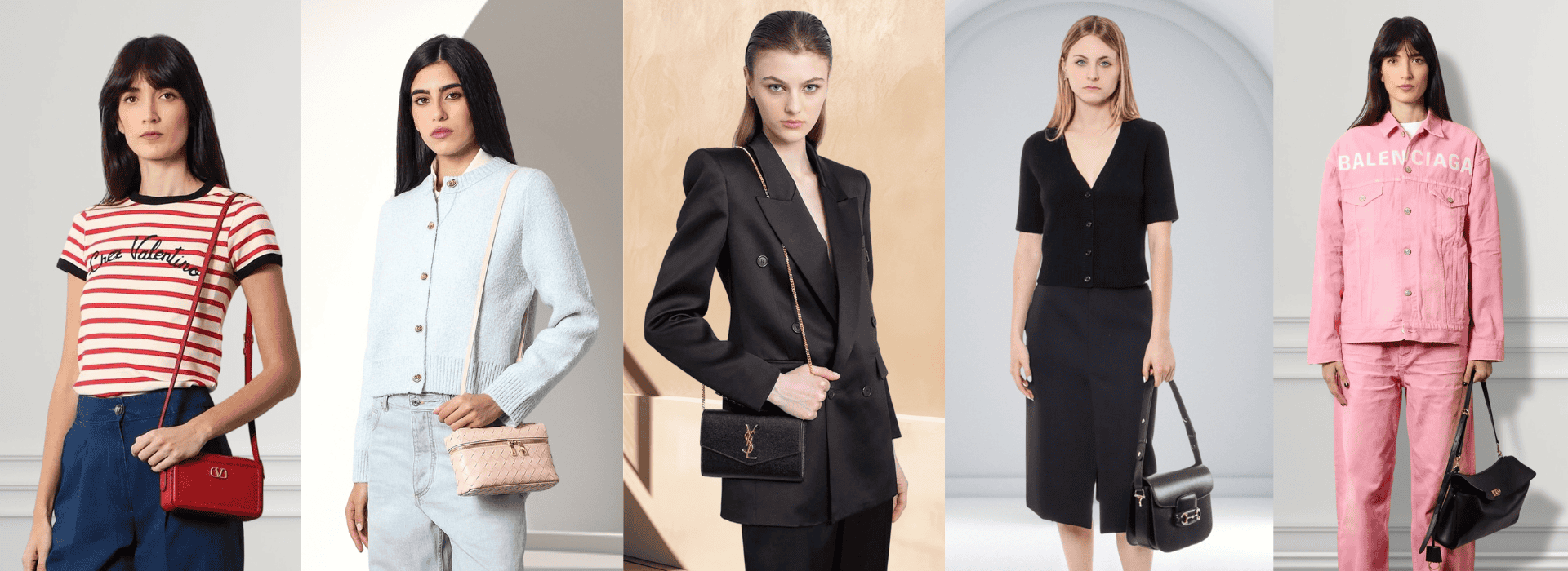 Spring Summer 2025 Women's Fashion Banner featuring five models in luxury designer looks. From left to right: A model in a striped red and white Valentino t-shirt with a red crossbody bag; a model in a powder blue Bottega Veneta knit cardigan with a quilted pink handbag; a model in a sharp black Saint Laurent double-breasted blazer with a structured black and gold handbag; a model in an elegant black Gucci ensemble with a sleek black handbag; and a model in a bold pink Balenciaga denim set with a black handbag.