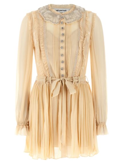 SELF PORTRAIT 'Tan Pleated Georgette Mini' Dress