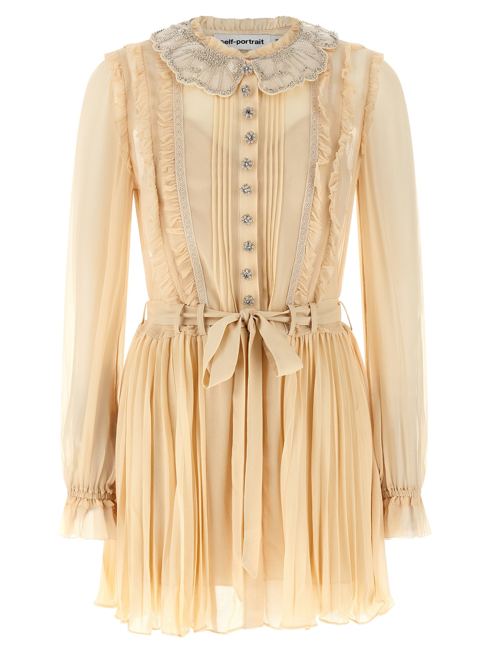 SELF PORTRAIT 'Tan Pleated Georgette Mini' Dress