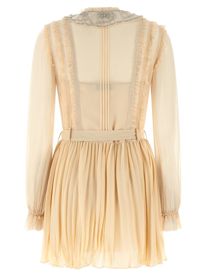 SELF PORTRAIT 'Tan Pleated Georgette Mini' Dress