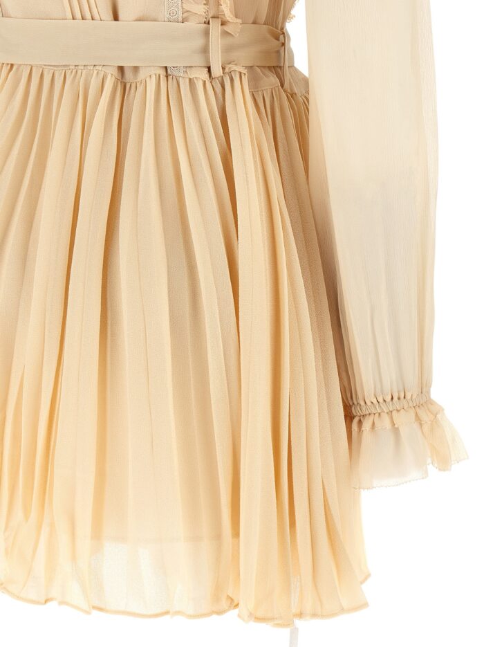 SELF PORTRAIT 'Tan Pleated Georgette Mini' Dress