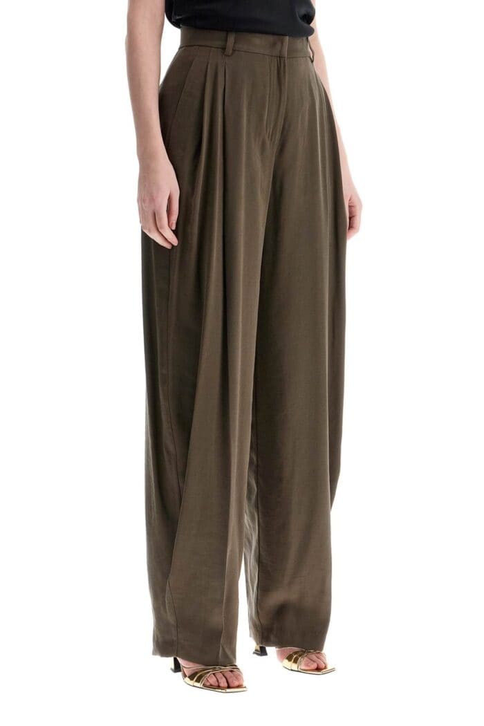 THE ANDAMANE Khaki Wide Leg Viscose Trousers With Front Pleats