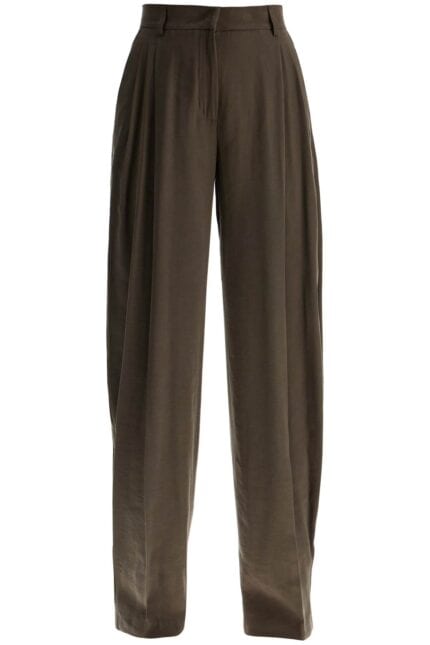 THE ANDAMANE Khaki Wide Leg Viscose Trousers With Front Pleats