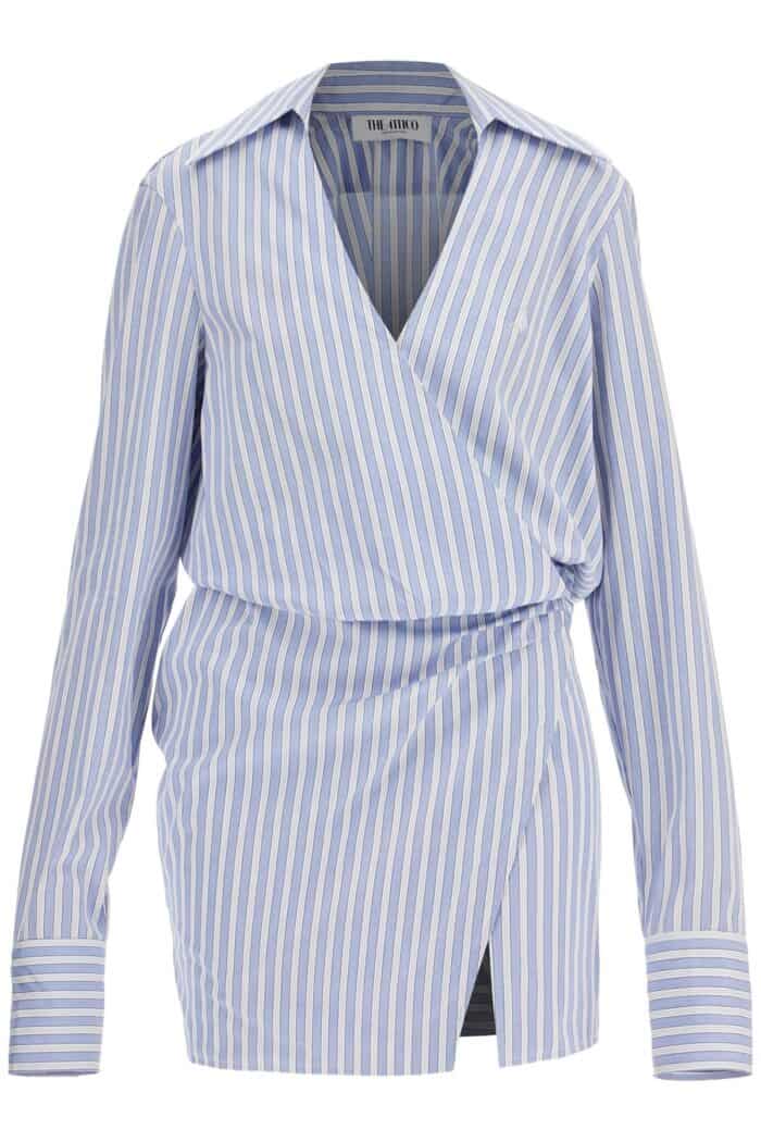 THE ATTICO Mini Striped Dress With V-neck, Long Sleeves, White And Navy Blue Cotton, Tied Waist