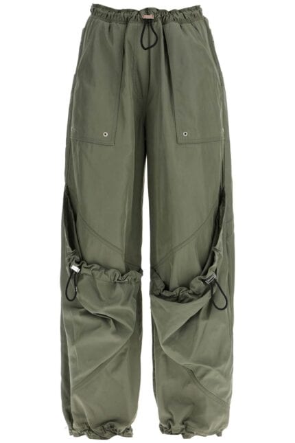 THE ATTICO Wide Leg High-waisted Pants With Adjustable Elastic In Military Green