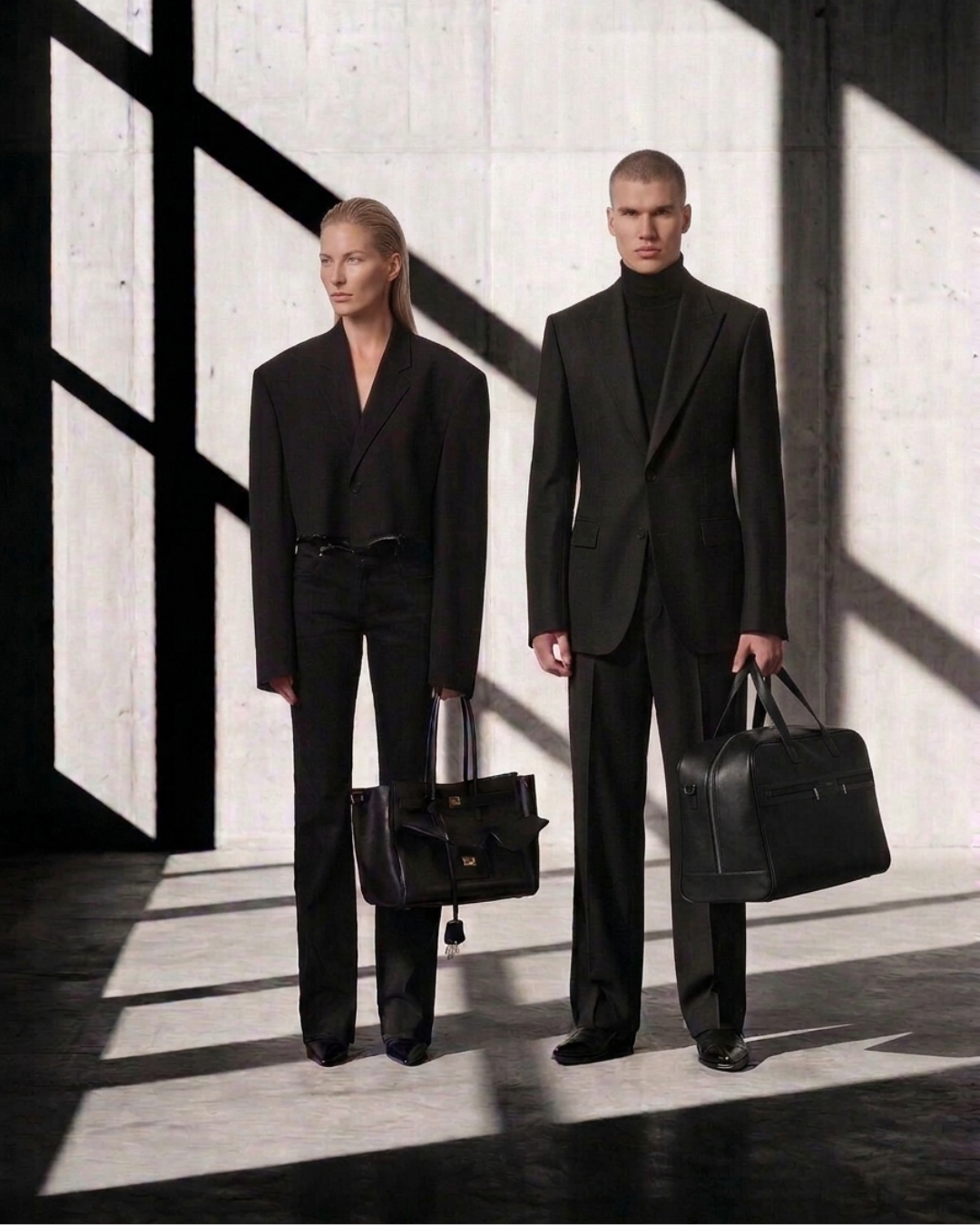 High-fashion editorial shot of a man and woman in minimalist black luxury tailoring standing against a concrete wall with dramatic shadows, representing The Wishline brand essence.