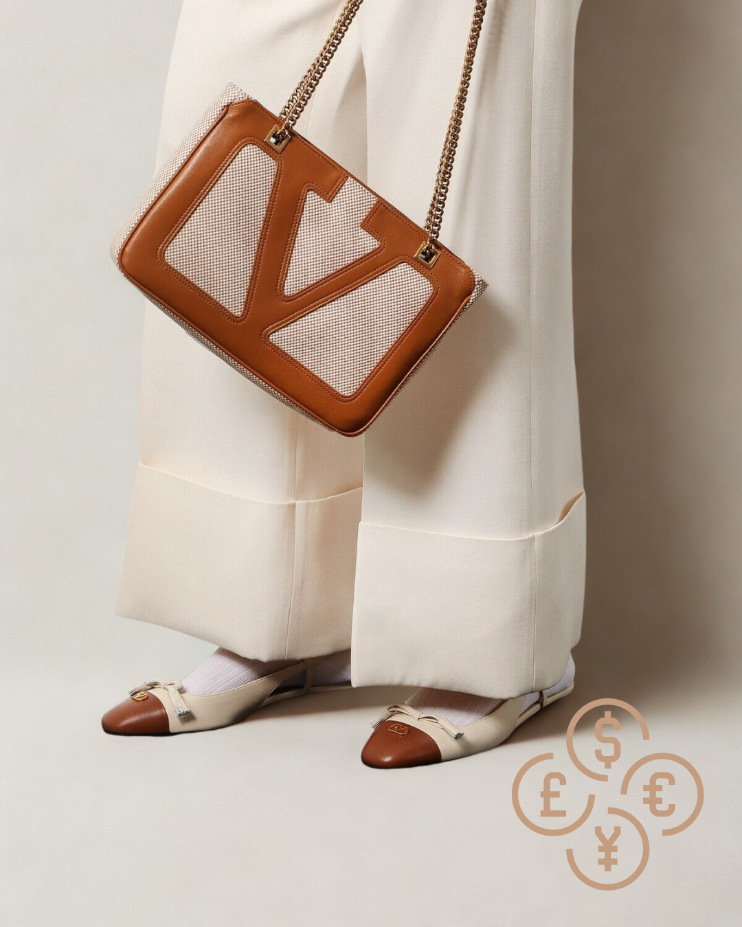 Close-up of a luxury woven leather handbag and cream tailored trousers with a minimalist gold currency icon overlay, representing global shopping on The Wishline.