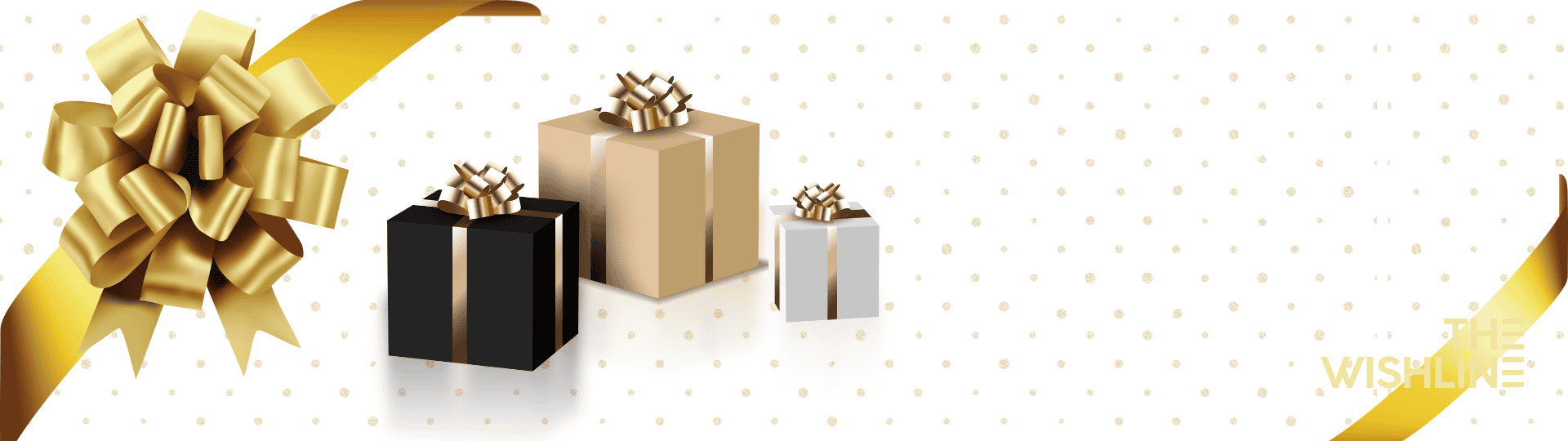 THE WISHLINE Gift Card banner featuring gold, black, and white gift boxes with bows, representing versatile gifting options for any occasion.