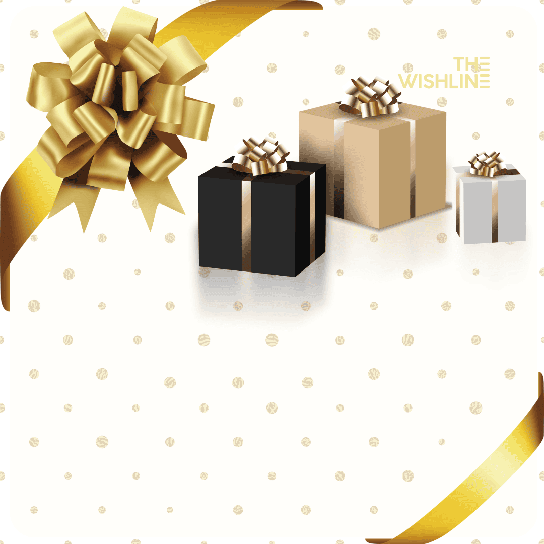 THE WISHLINE Gift Card banner featuring gold, black, and white gift boxes with bows, representing versatile gifting options for any occasion.