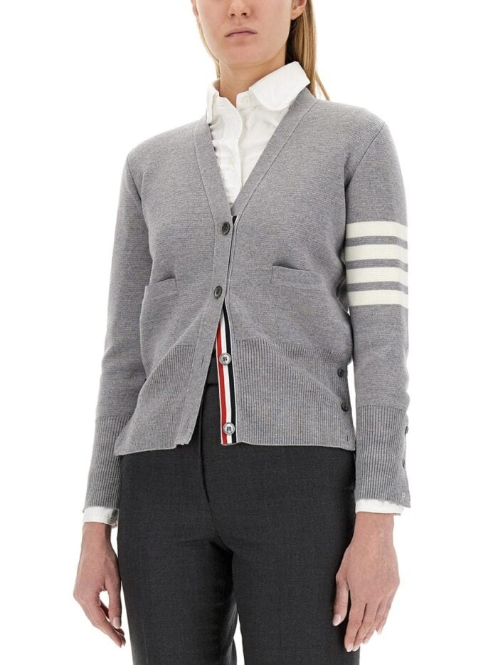 THOM BROWNE CARDIGAN CON SCOLLO A V