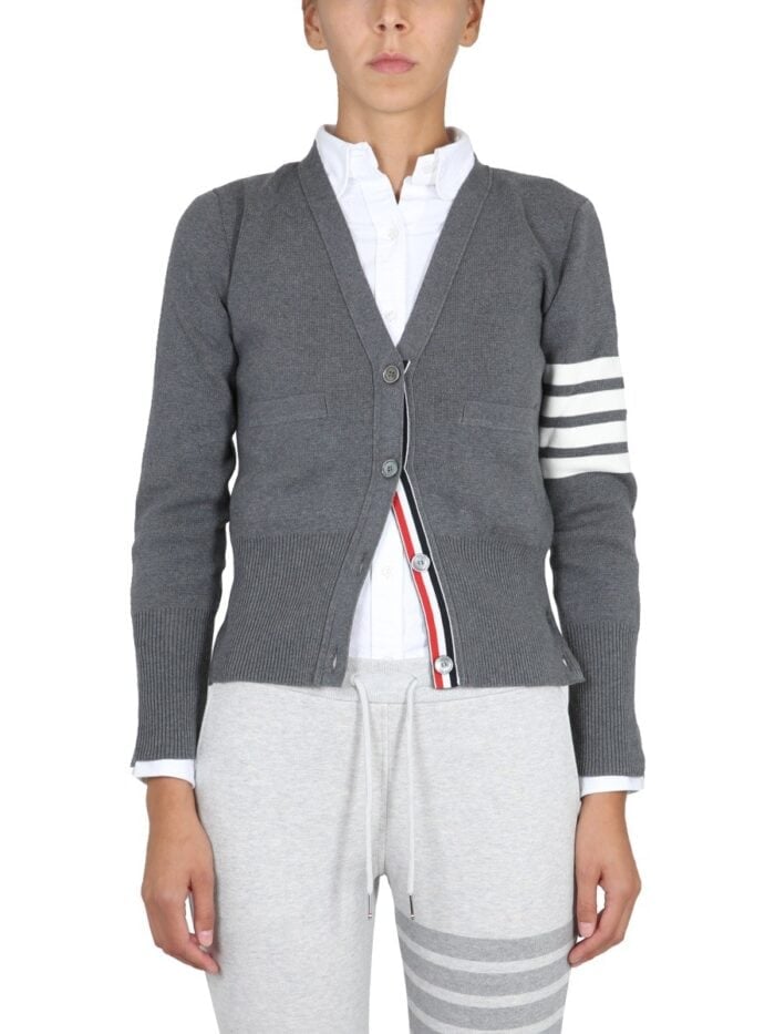 THOM BROWNE CARDIGAN CON SCOLLO A V