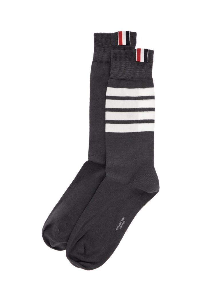 THOM BROWNE Dark Grey Cotton Mid-calf Socks With 4 White Stripes