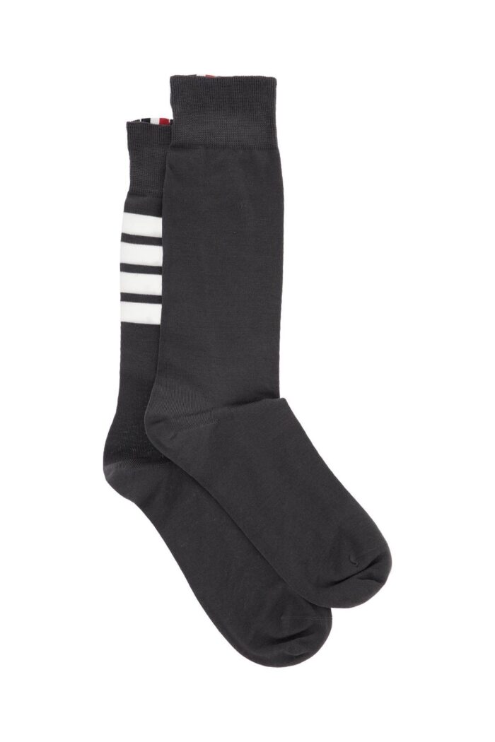 THOM BROWNE Dark Grey Cotton Mid-calf Socks With 4 White Stripes