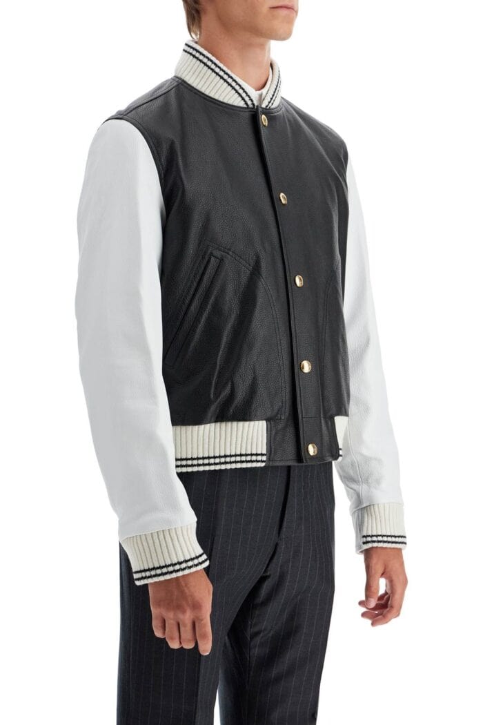 THOM BROWNE Leather Varsity Bomber Jacket