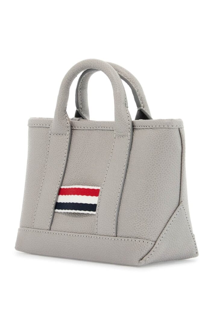 THOM BROWNE Light Gray Leather Micro Tool Tote Bag With Tricolor Stripes