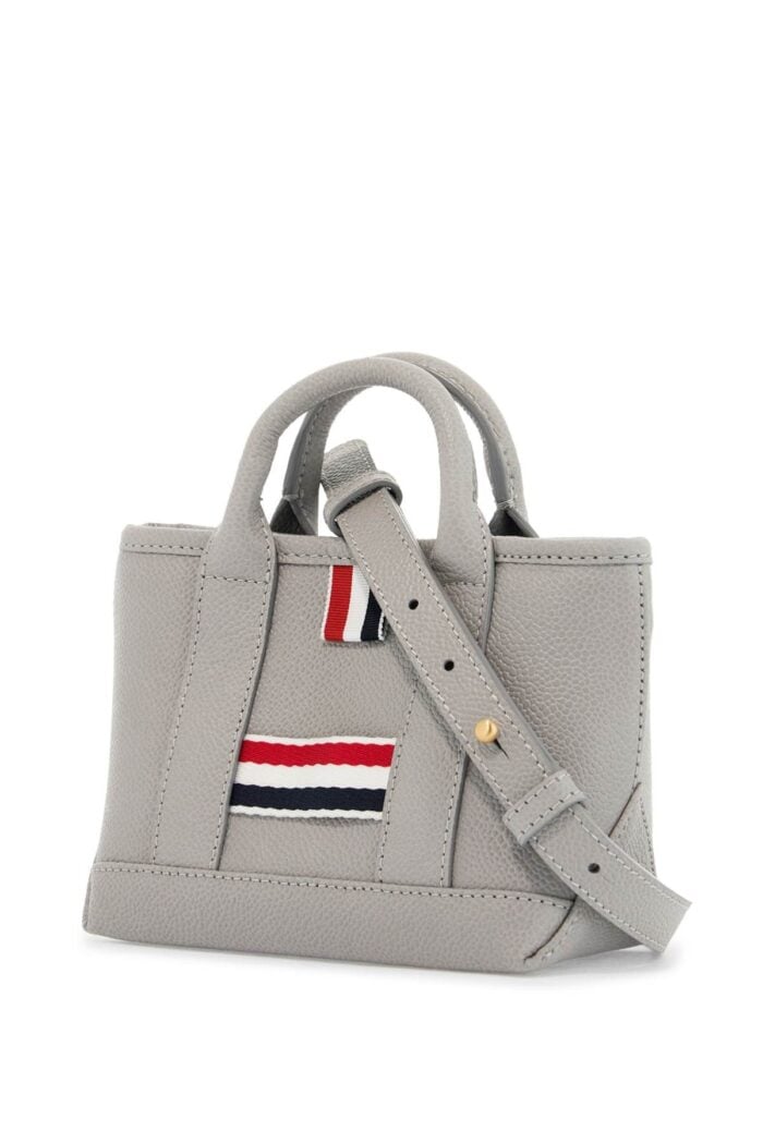 THOM BROWNE Light Gray Leather Micro Tool Tote Bag With Tricolor Stripes