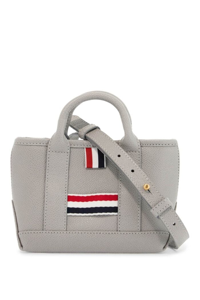 THOM BROWNE Light Gray Leather Micro Tool Tote Bag With Tricolor Stripes