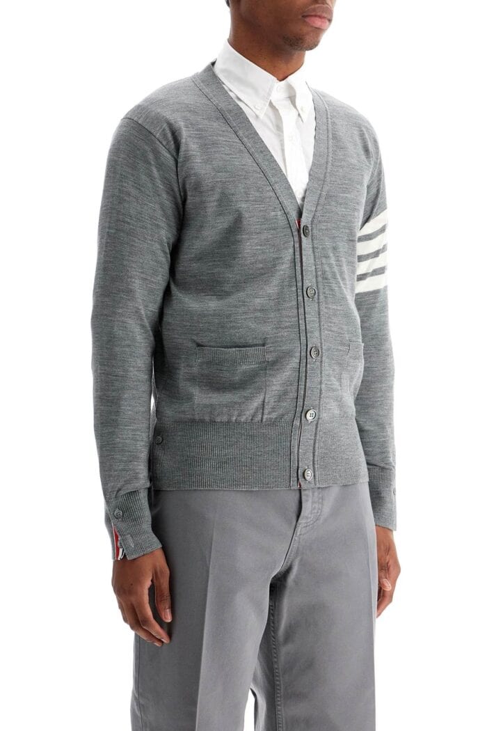 THOM BROWNE Men's Cardigan In Pale Grey Merino Wool With 4 White Stripes