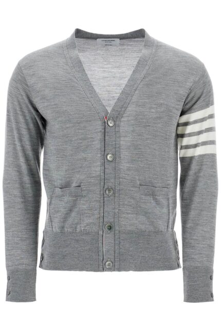 THOM BROWNE Men's Cardigan In Pale Grey Merino Wool With 4 White Stripes