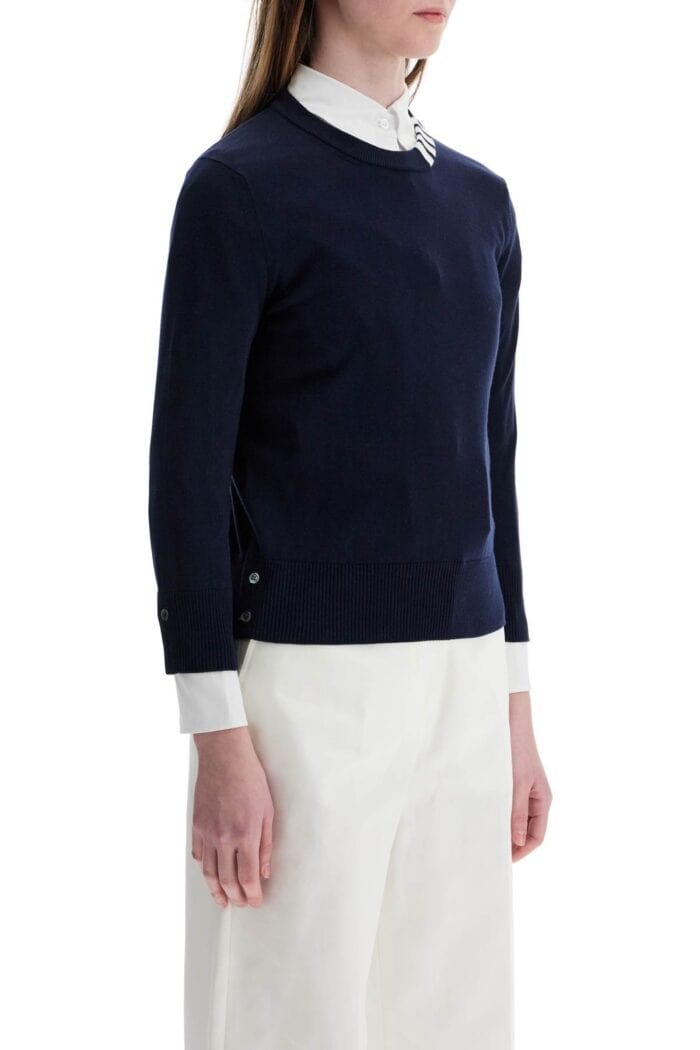 THOM BROWNE Navy Blue Cotton Sweatshirt With 4 Stripes Crew Neck