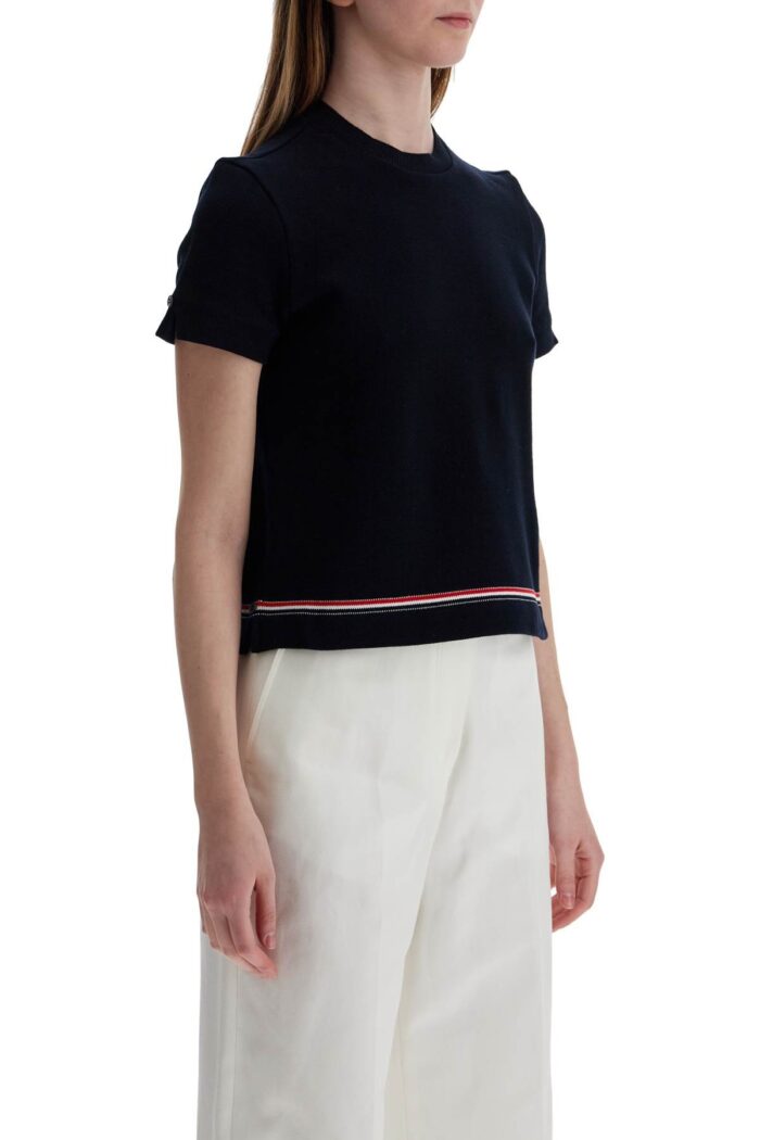 THOM BROWNE Navy Blue Piqu Cotton T-shirt With Tricolor Stripe