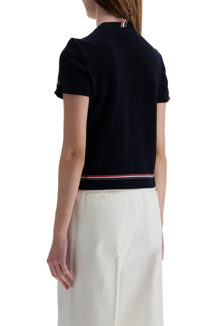 THOM BROWNE Navy Blue Piqu Cotton T-shirt With Tricolor Stripe