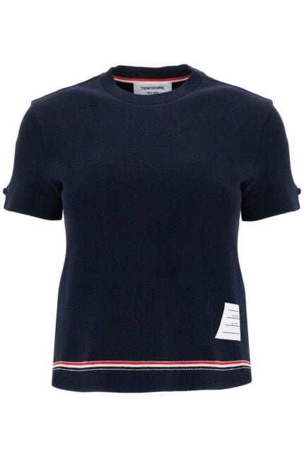 THOM BROWNE Navy Blue Piqu Cotton T-shirt With Tricolor Stripe