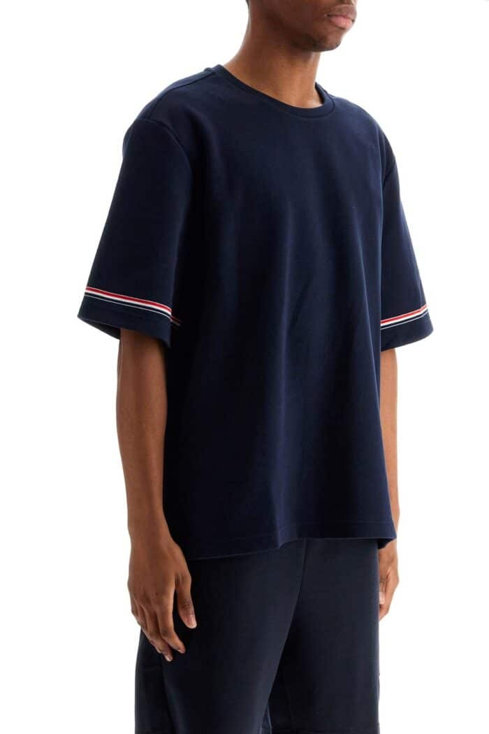 THOM BROWNE Navy Blue Striped Cotton T-shirt With Wide Neck