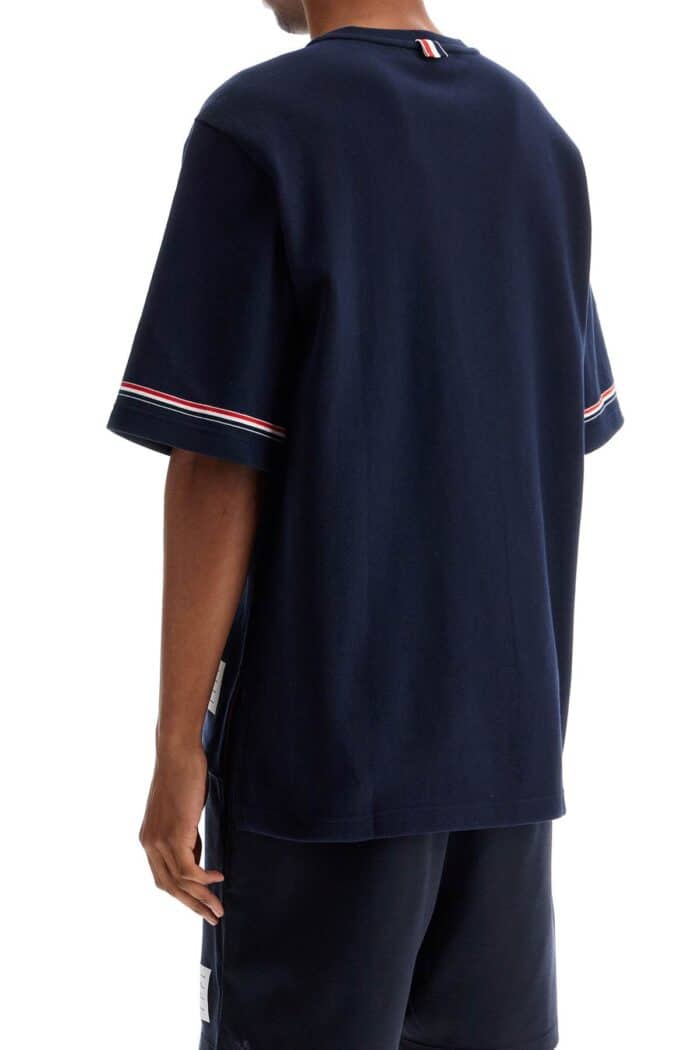 THOM BROWNE Navy Blue Striped Cotton T-shirt With Wide Neck