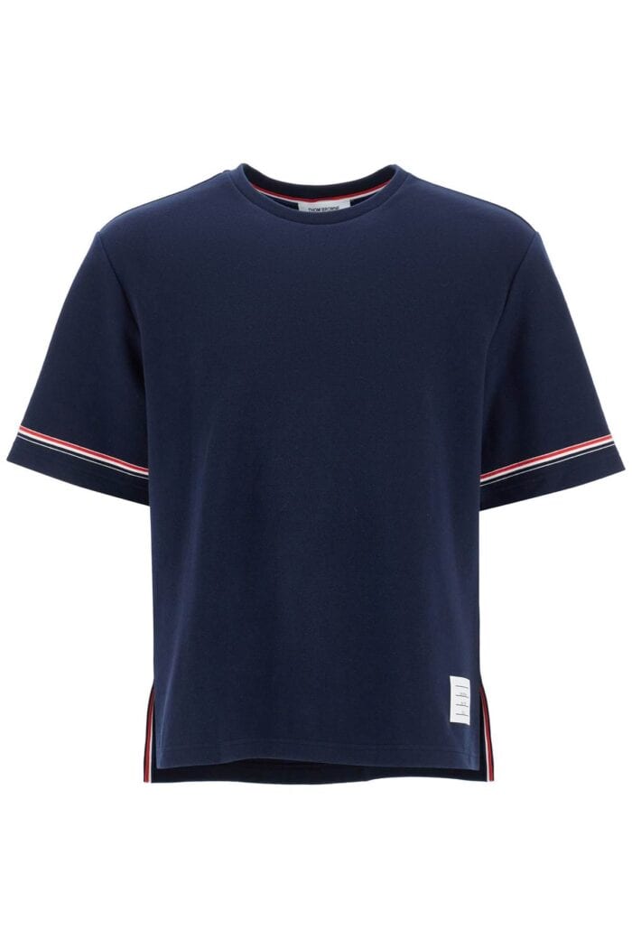 THOM BROWNE Navy Blue Striped Cotton T-shirt With Wide Neck