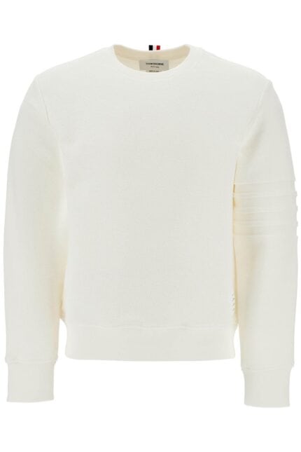 Thom Browne White Cotton Four Bar Crewneck Sweatshirt