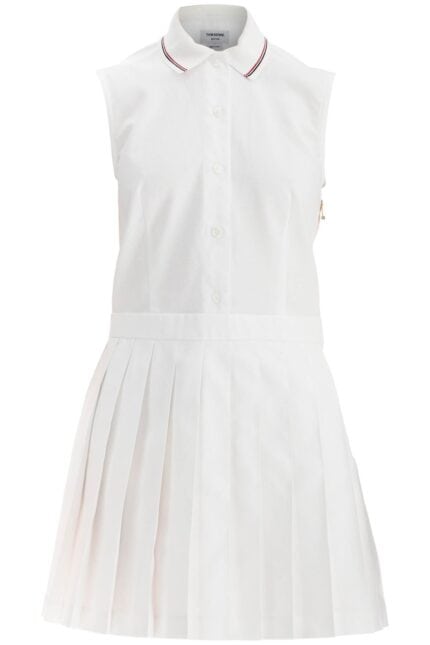 THOM BROWNE White Pleated Cotton Dress For Women