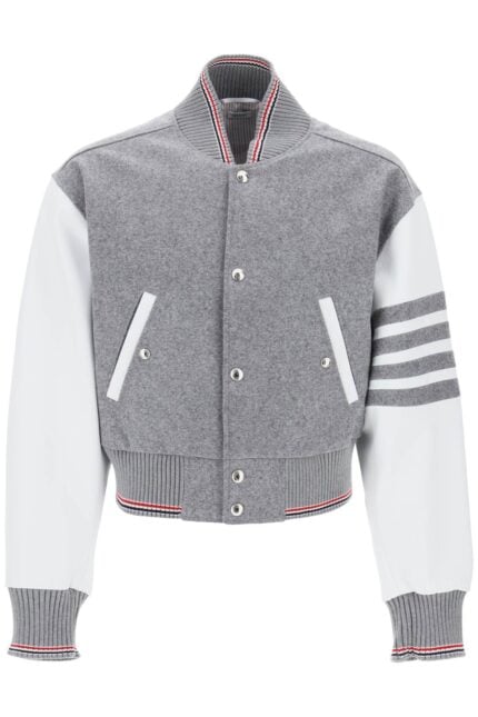 THOM BROWNE Wool Bomber Jacket With Leather Sleeves And