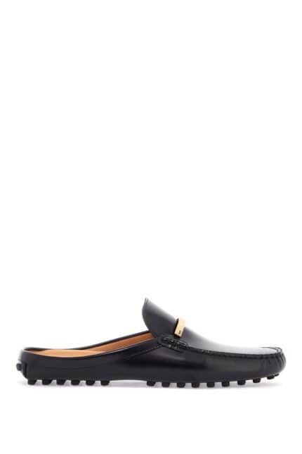 TOD'S Black Calfskin Slip-on Loafers With Metallic Strap And Rubber Sole