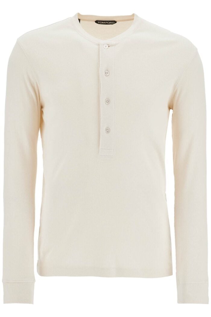 TOM FORD Henley T-shirt Ivory In Cotton And Microfiber Ribbed