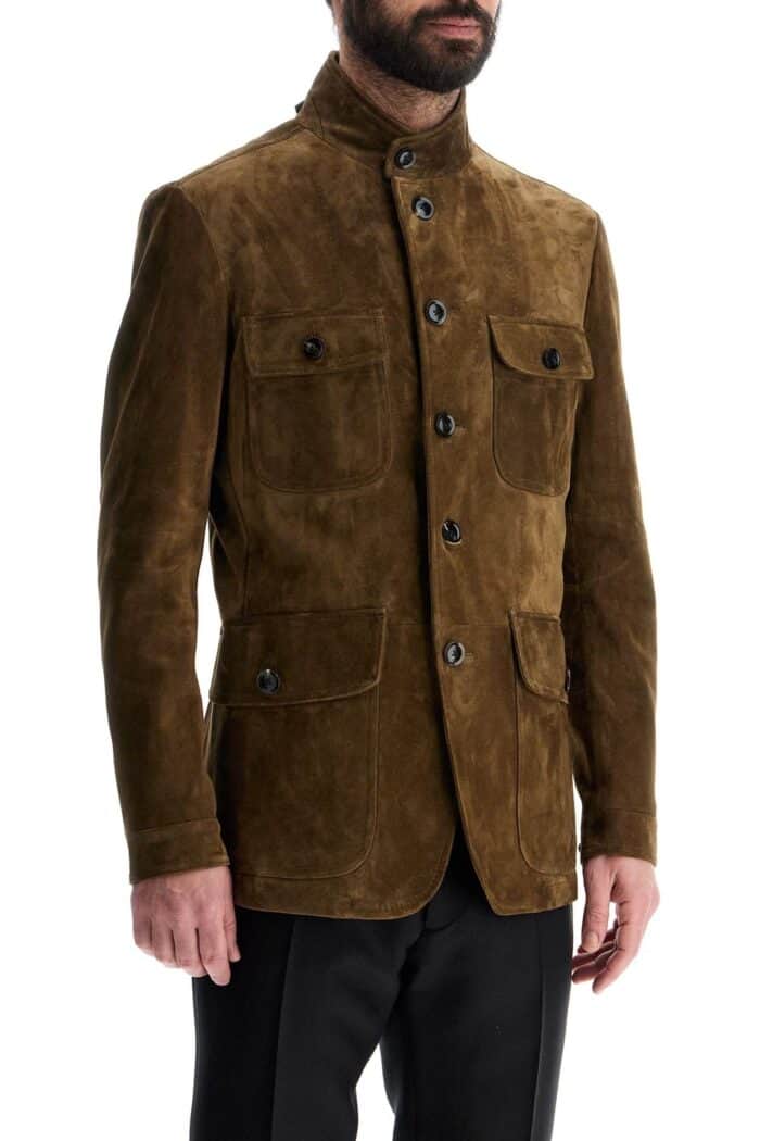 TOM FORD Khaki High Collar Leather Military Jacket
