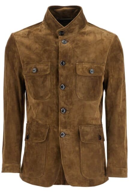 TOM FORD Khaki High Collar Leather Military Jacket