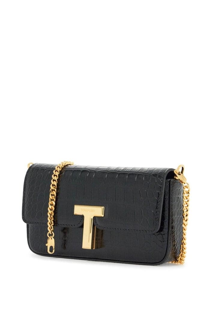 TOM FORD Mini Crossbody Bag In Black Calf Leather With Crocodile Effect