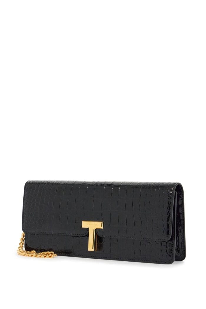 TOM FORD Shiny Black Crocodile Effect Calfskin Clutch