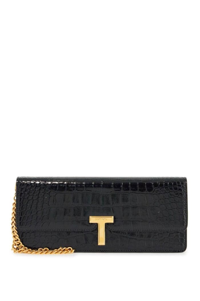 TOM FORD Shiny Black Crocodile Effect Calfskin Clutch