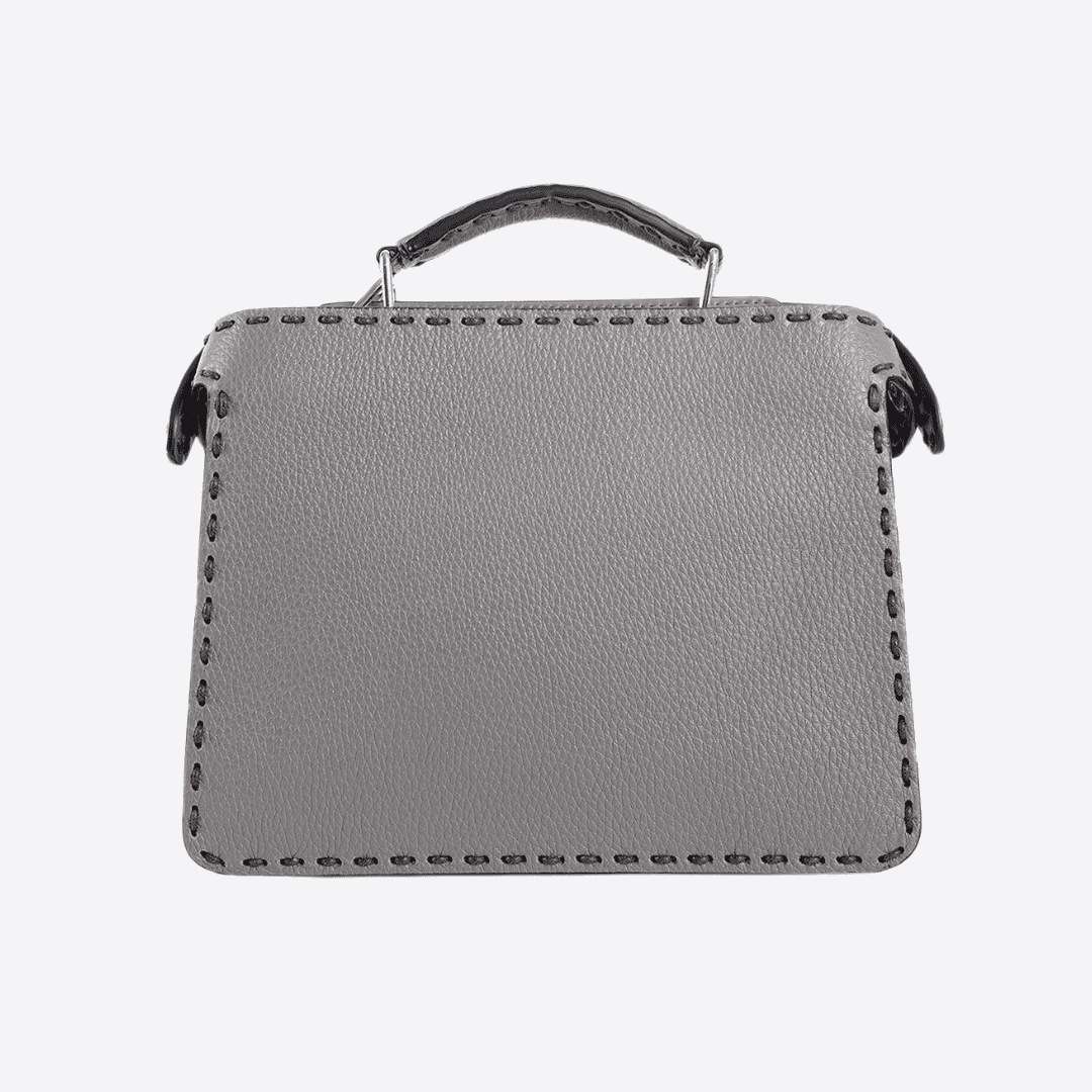 Grey leather top handle bag.