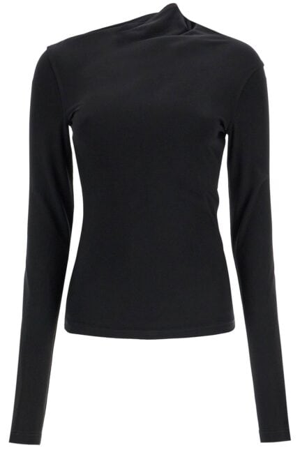 TOTEME Black Draped Jersey Top With Long Sleeves And Wide Neck Slim Fit