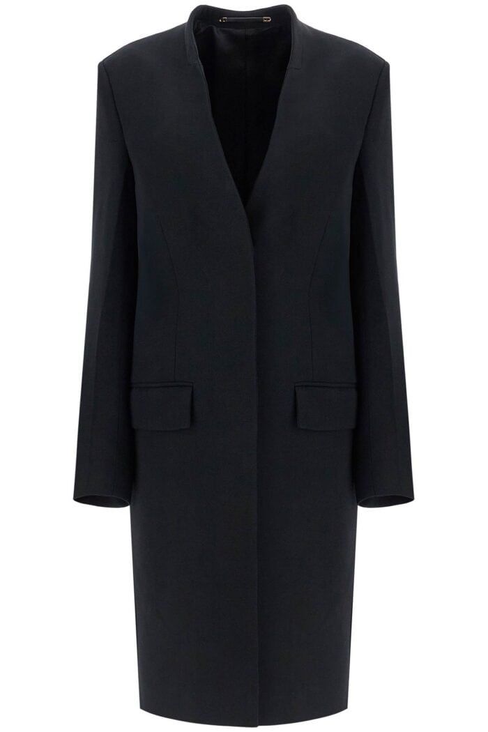 TOTEME Black High Collar Wide Coat In Viscose And Wool