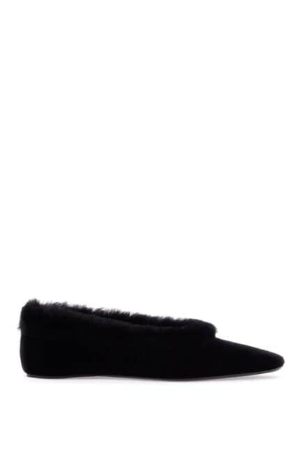 TOTEME Black Velvet Ballerinas With Shearling Trim