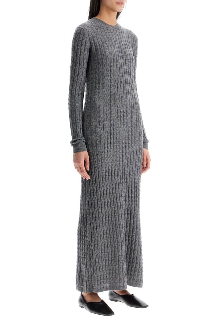 TOTEME Long Dress In Rws Wool Gray Mlange With Cable Knit Pattern