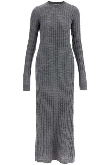 TOTEME Long Dress In Rws Wool Gray Mlange With Cable Knit Pattern